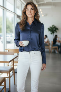 SAND COPENHAGEN STRETCH SILK TOP - NAVY