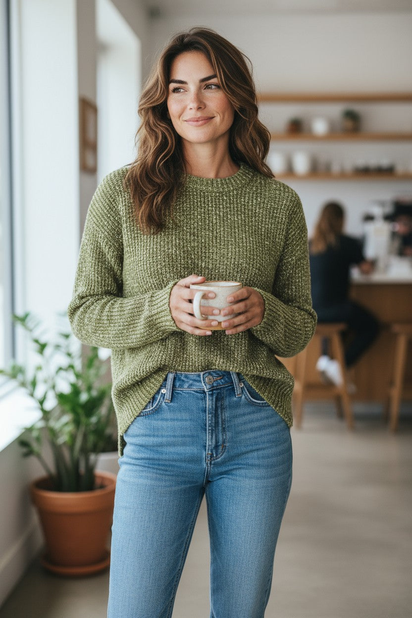 ANNECLAIRE MELANGE CREW SWEATER - GREEN APPLE