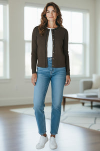 REPEAT CASHMERE RIB CARDIGAN - DARK BROWN