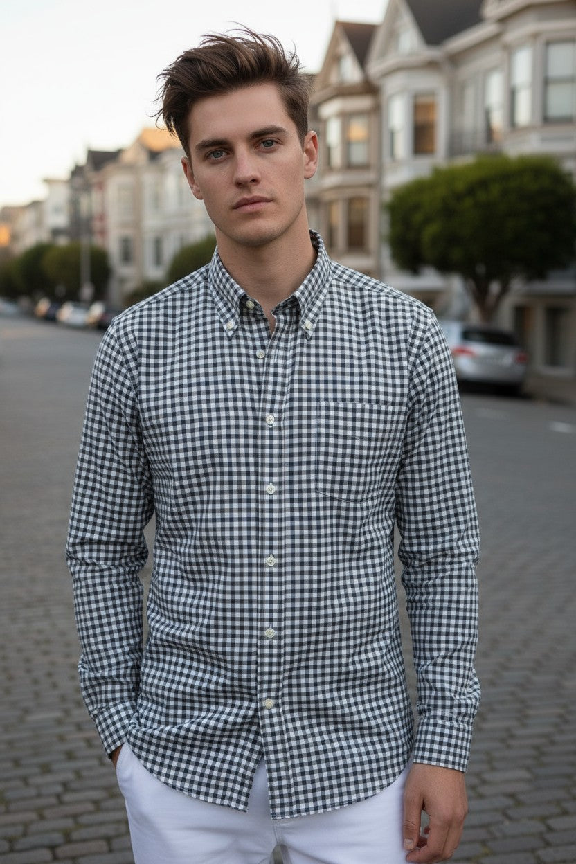 BUTTON DOWN SPORT SHIRT - NAVY/GREEN CHECK