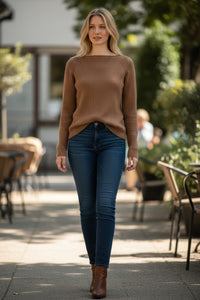 FLORA FEDI CASHMERE BLEND RIBBED CREW NECK SWEATER - CASTORO