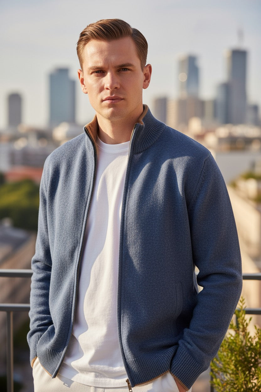 ADESI CASHMERE MEN'S TIPPED FULL ZIP SWEATER - MARE/FOAL