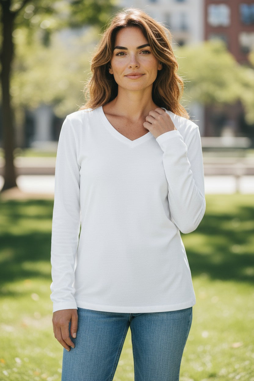 BLUE 1899 WOMEN'S PIMA COTTON T-SHIRT V-NECK LONGSLEEVE - WHITE