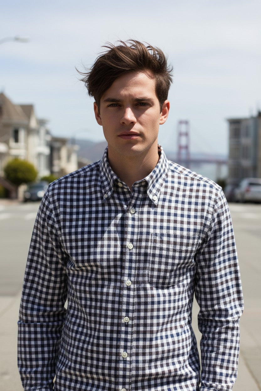 BUTTON DOWN SPORT SHIRT - NAVY/BROWN GINGHAM