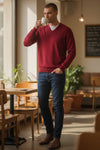 BUTTON DOWN MERINO V-NECK SWEATER - MERLOT