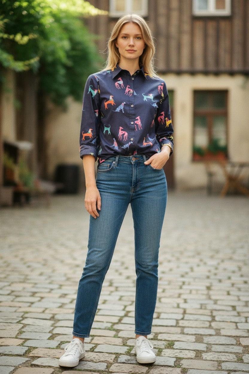 CASMICETTASNOB COTTON MUSSOLINE SHIRT - NAVY DOGS