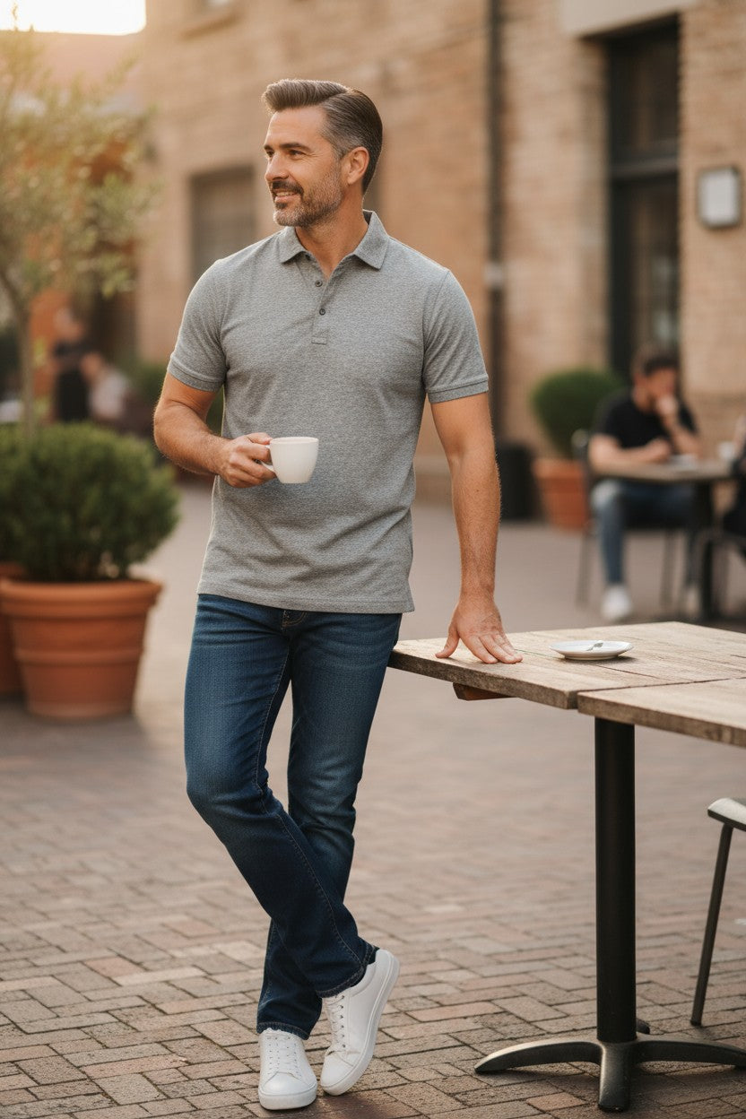 BUTTON DOWN MEN'S TECH POLO - HEATHER LIGHT GREY