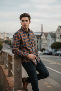 BUTTON DOWN SPORT SHIRT - NAVY/ORANGE PLAID