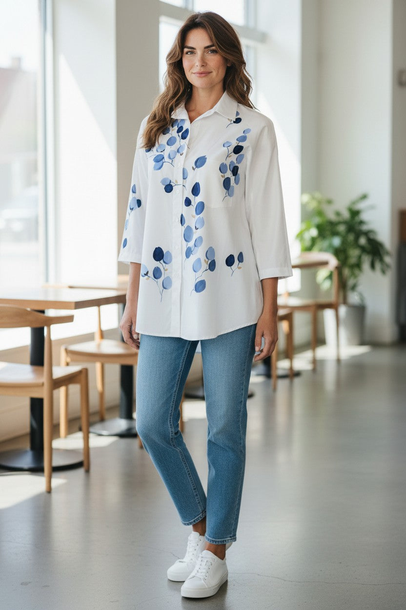 ROSSO 35 HAND PAINTED SHIRT - BLUE FLOWER BUDS