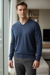 BUTTON DOWN V-NECK MERINO WOOL MEN'S SWEATER - NAVY