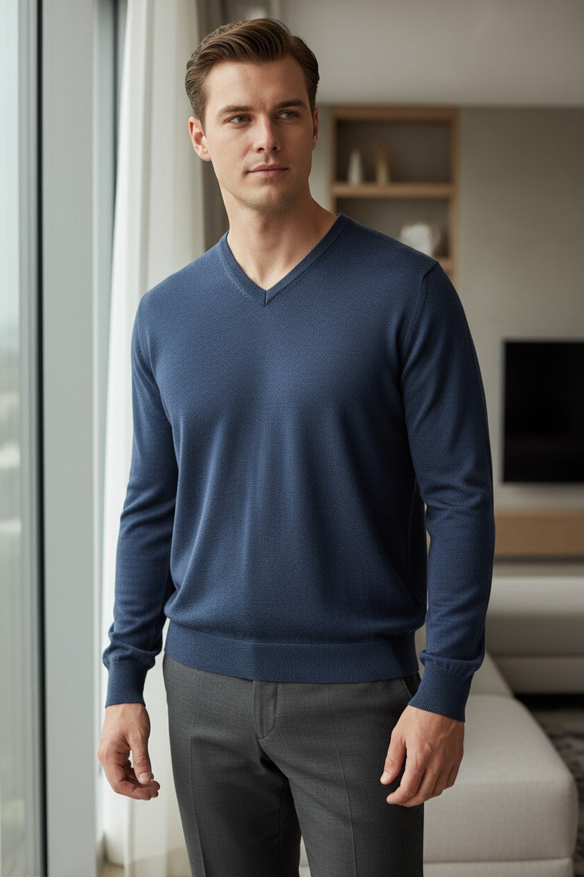 BUTTON DOWN V-NECK MERINO WOOL MEN'S SWEATER - NAVY