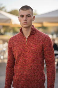 SETTEFILI CASHMERE - 4 PLY QUARTER ZIP MEN'S SWEATER - BURGUNDY/ORANGE MIX