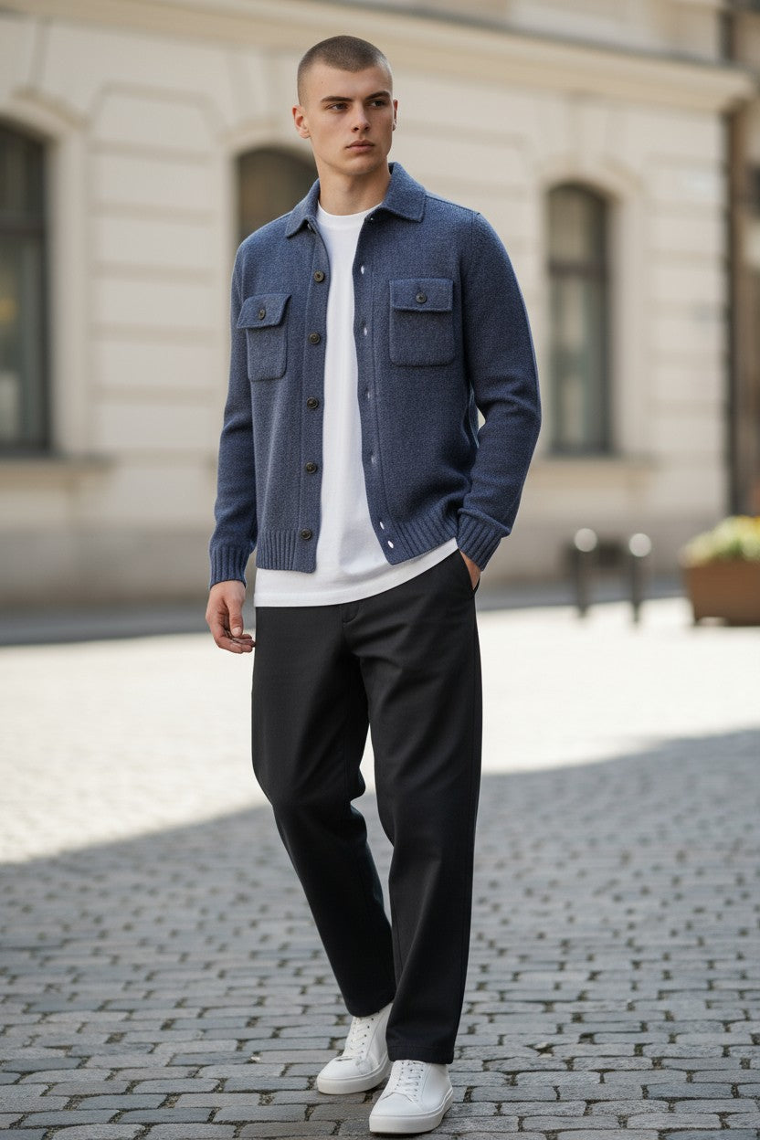 BUTTON DOWN MERINO CARDIGAN - DARK DENIM