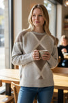 ANNECLAIRE DIAMOND INTARSIA CREW SWEATER - TAN & GREY