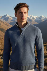 PERU UNLIMITED 1/4 ZIP SWEATER WITH LEATHER TRIM - MIDNIGHT BLUE