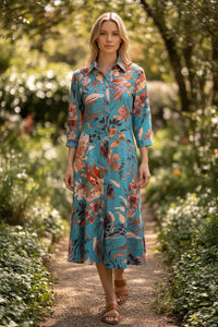 CASMICETTASNOB STRETCH COTTON DRESS - TEAL FLORAL PRINT