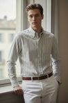 FINAMORE 1925 SHIRT - COTTON-CASHMERE STEEL/TAUPE STRIPE