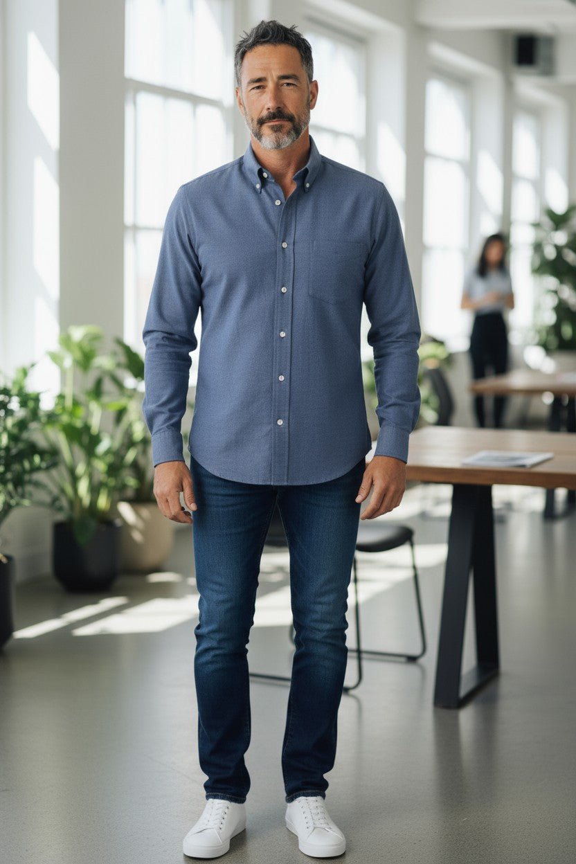 GALLIA MEN'S SHIRT - MID BLUE SOLID TWILL