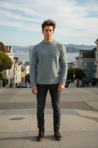 BUTTON DOWN MARL CREW SWEATER - TURQUOISE/WHITE