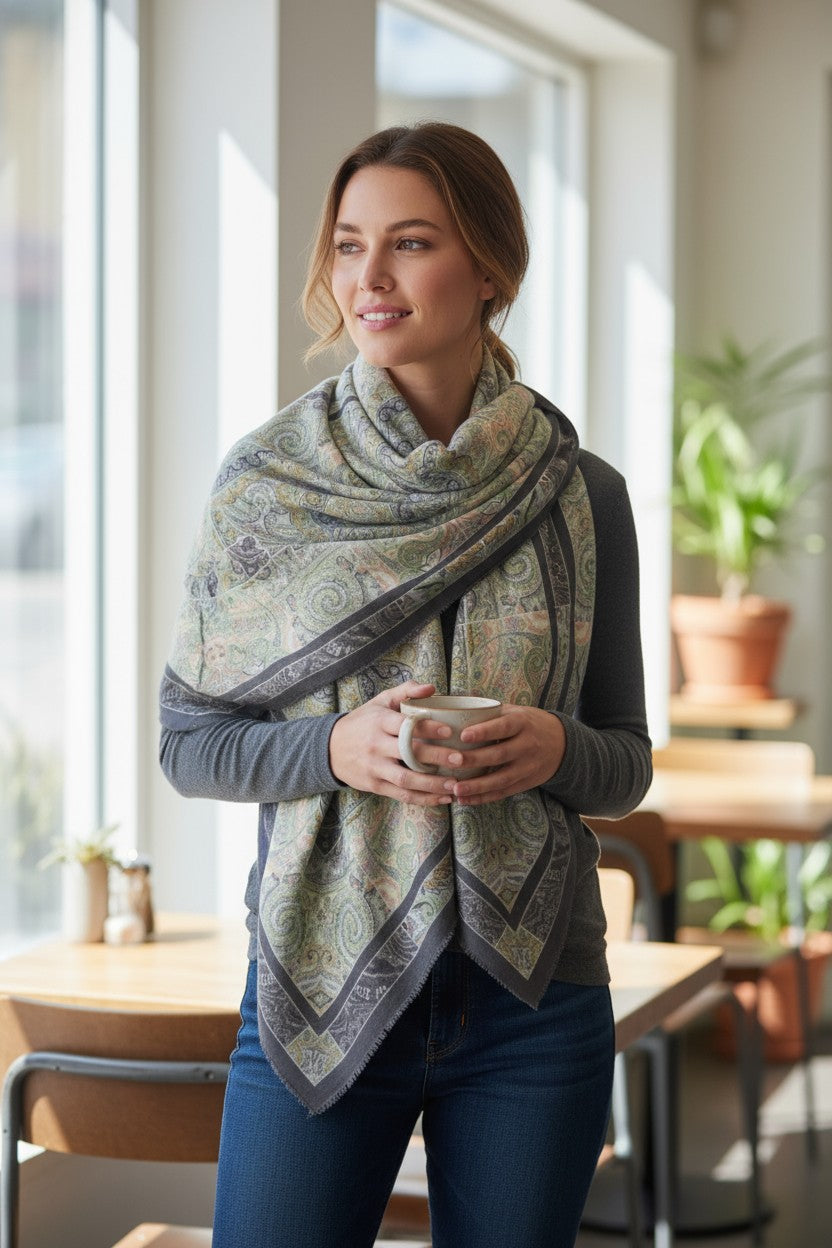 ETRO WOOL, CASHMERE & SILK SHAWL - GREEN / BLACK