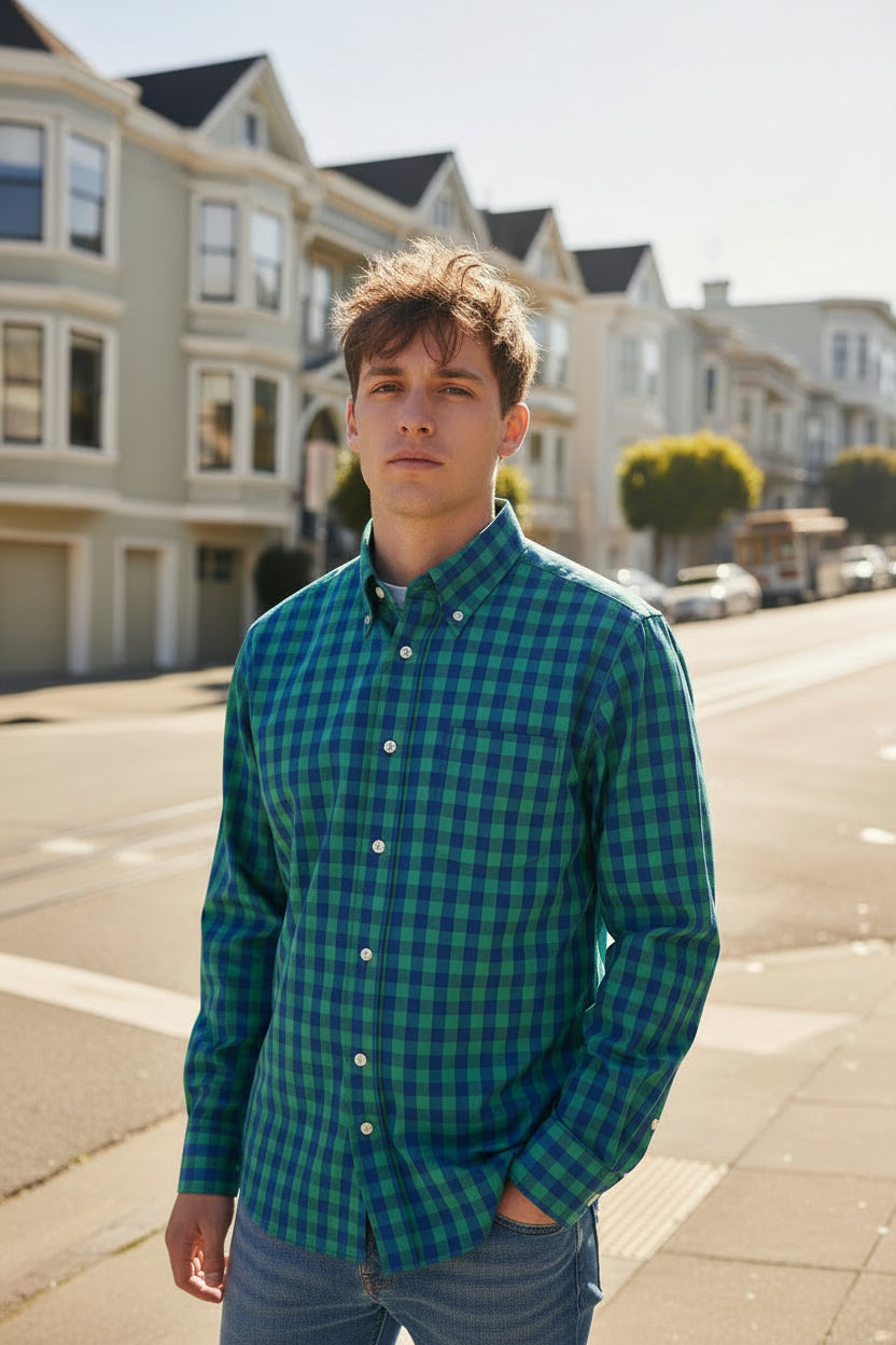 BUTTON DOWN SPORT SHIRT - NAVY/GREEN BUFFALO CHECK