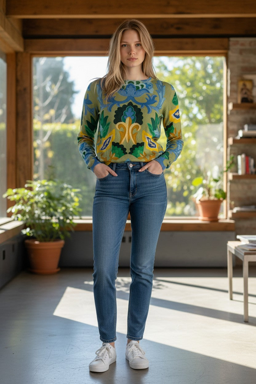 IN BED WITH YOU CREW SWEATER - MULTICOLOR SCROLLS