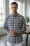 GALLIA MEN'S SHIRT - NAVY & TAN PLAID