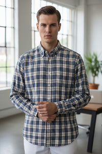 GALLIA MEN'S SHIRT - NAVY & TAN PLAID