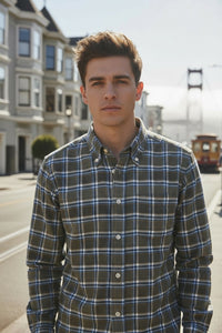 BUTTON DOWN SPORT SHIRT - BRUSHED OLIVE/AQUA PLAID