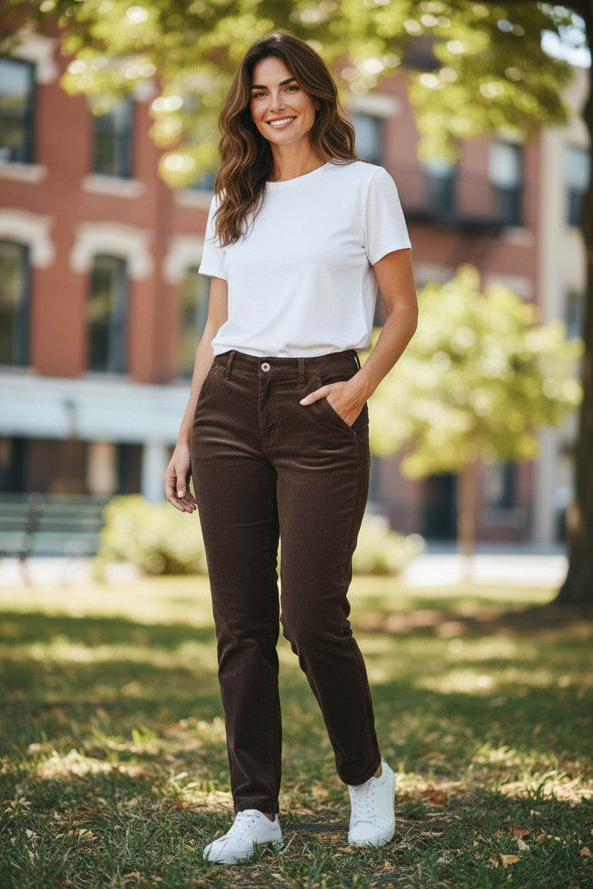 MAC WOMEN'S CHINO TURN UP CORDUROY PANT - CHOCOLATE BEAN