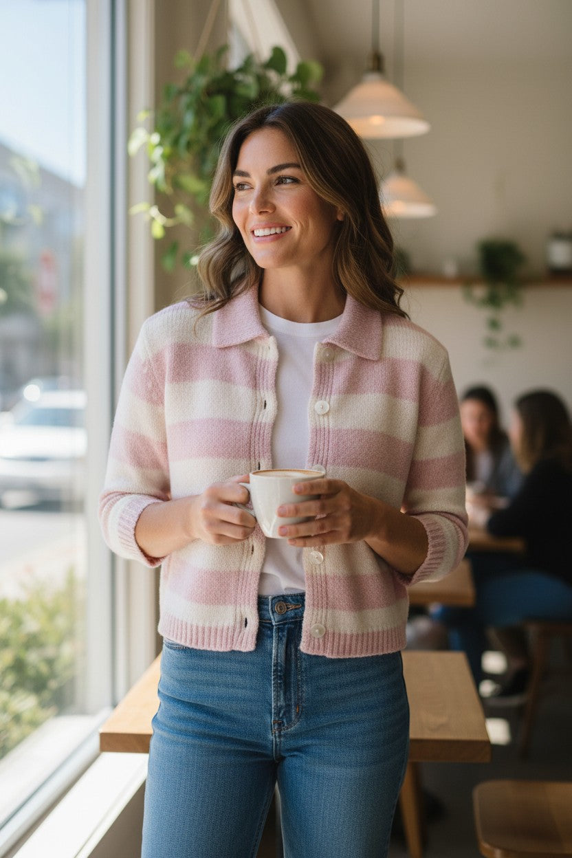 ANNECLAIRE STRIPED CARDIGAN - SOFT PINK/WHITE