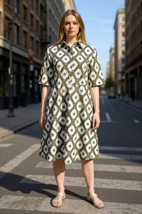 CASMICETTASNOB COTTON STRETCH DRESS - GREEN DIAMOND PRINT