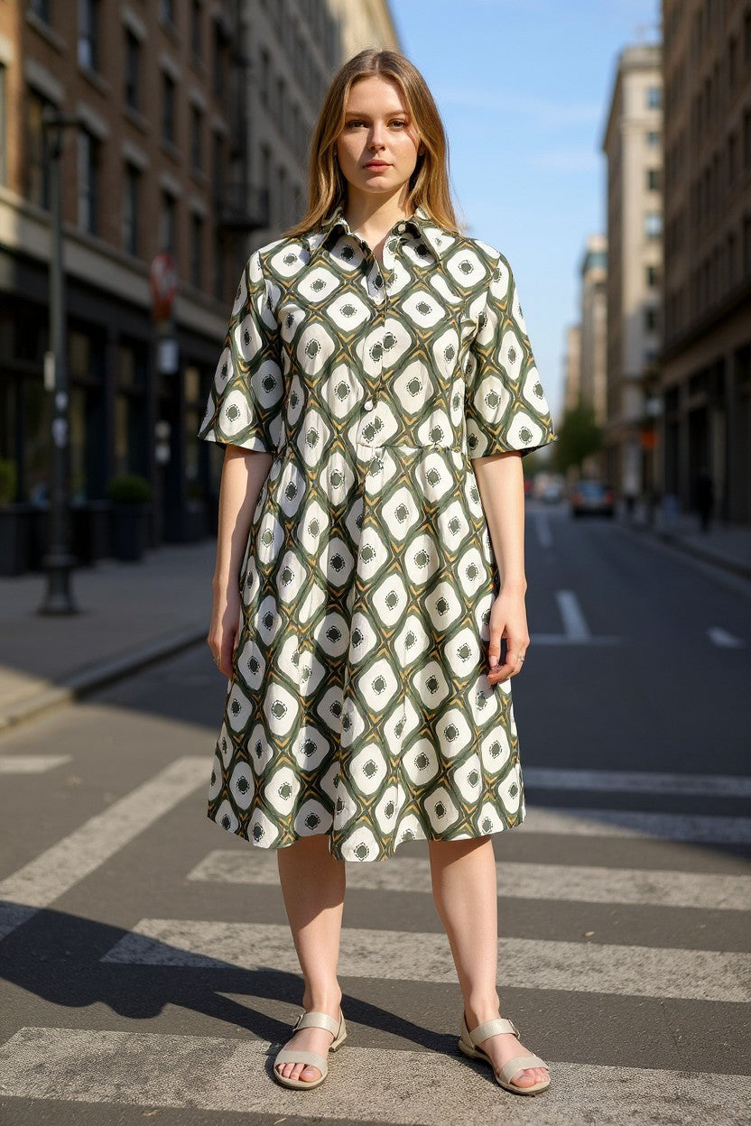 CASMICETTASNOB COTTON STRETCH DRESS - GREEN DIAMOND PRINT