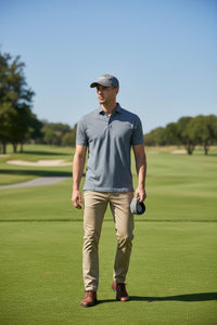 BUTTON DOWN MEN'S TECH POLO - HEATHER BLUE STEEL