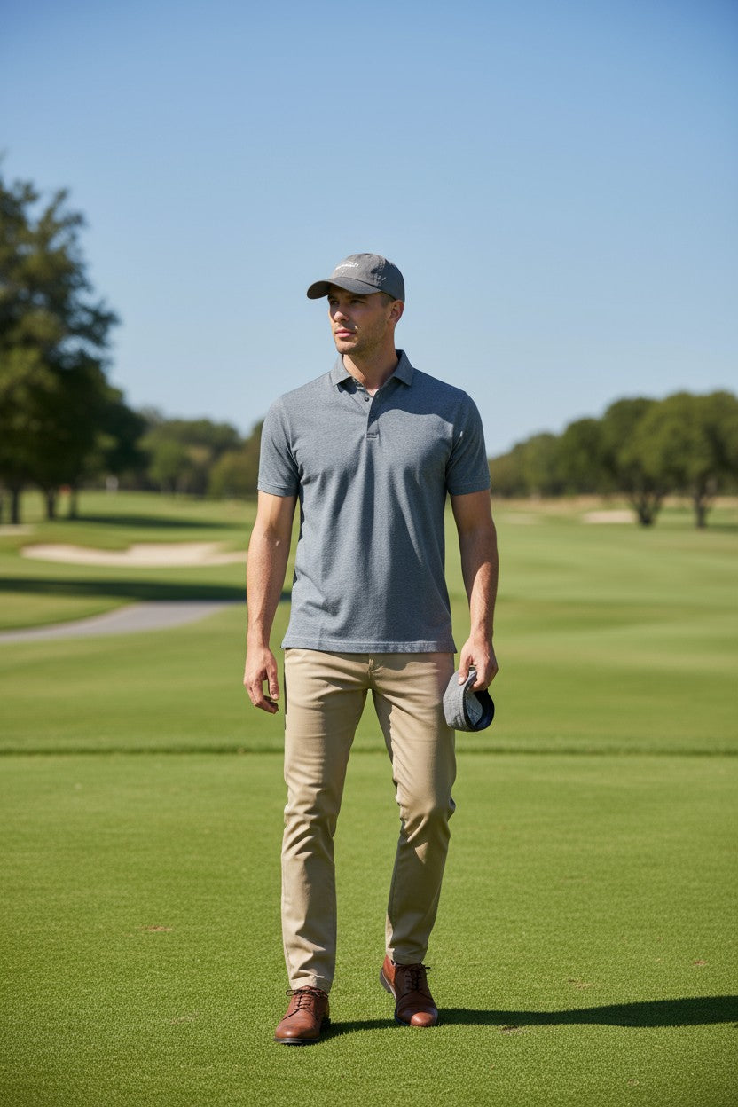 BUTTON DOWN MEN'S TECH POLO - HEATHER BLUE STEEL
