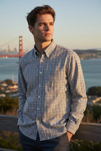 BUTTON DOWN SPORT SHIRT - BLUE/BROWN MICRO CHECK