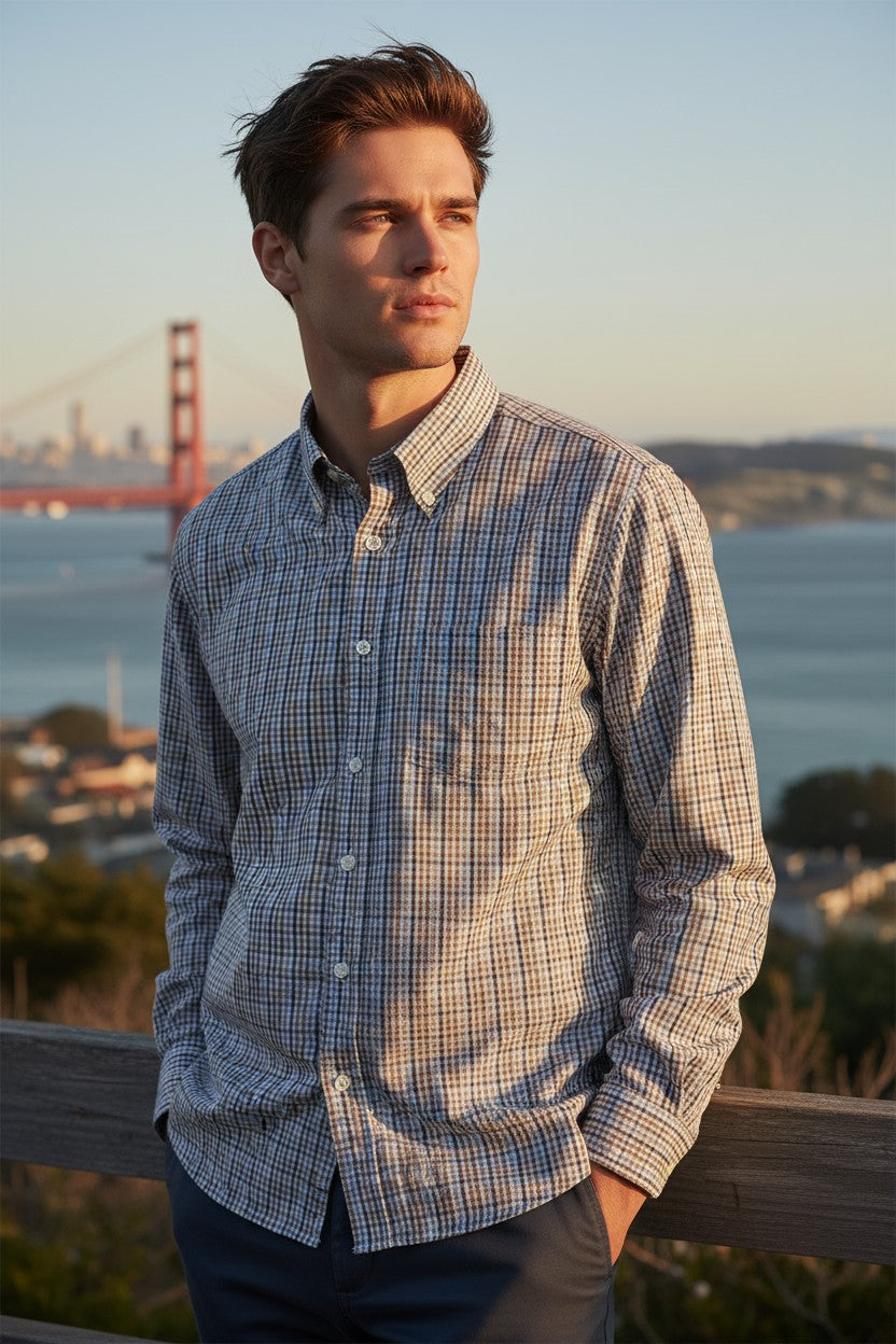 BUTTON DOWN SPORT SHIRT - BLUE/BROWN MICRO CHECK