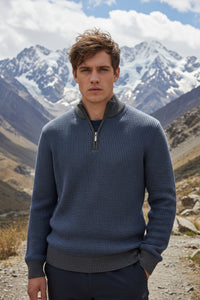 PERU UNLIMITED 1/4 ZIP HOUNDSTOOTH SWEATER - MIDNIGHT BLUE/CHOCOLATE