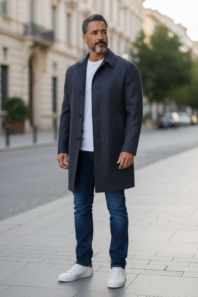 OARS & OLD IVY WOOL WALKING COAT WITH LEATHER TRIM - NAVY PLAID