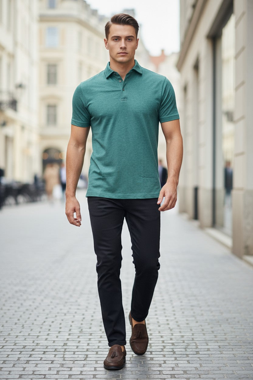 BUTTON DOWN MEN'S TECH POLO - HEATHER PEACOCK