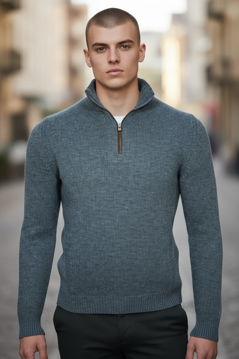 FEDELI CASHMERE TWIST 1/4 ZIP SWEATER - OCEAN BLUE