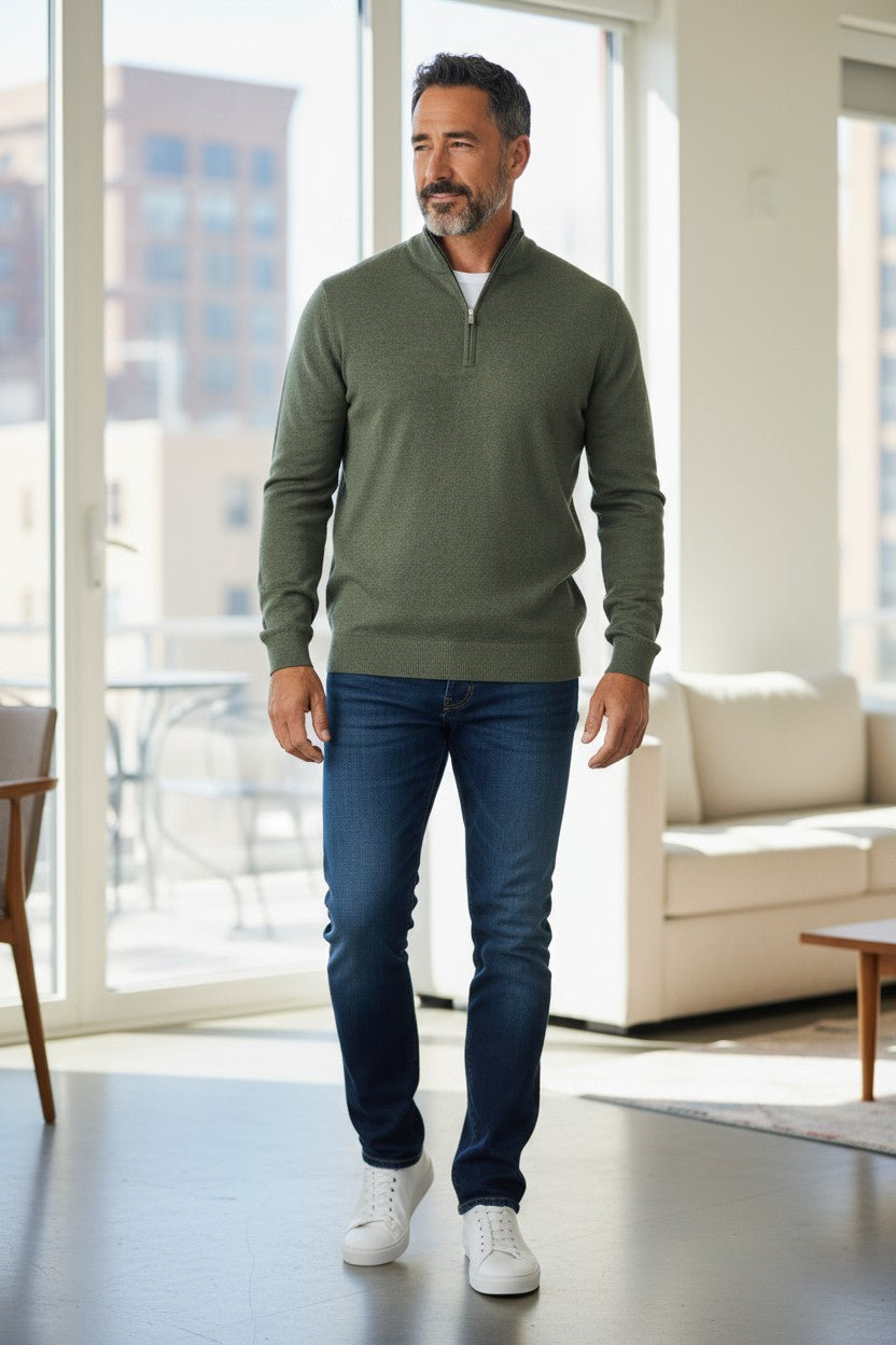 BUTTON DOWN VINTAGE 1/4 ZIP SWEATER - OLIVE