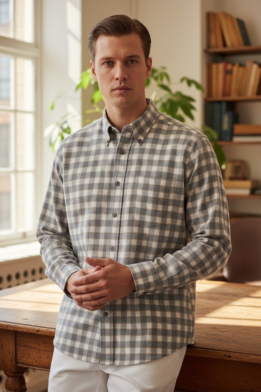 MAZZARELLI SPORT SHIRT - GREY/BEIGE CHECK
