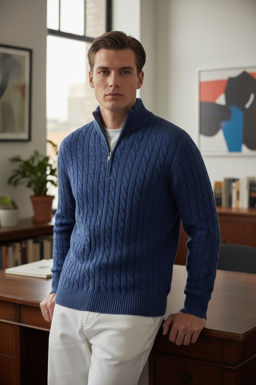 ADESI CASHMERE MEN'S CABLE 1/2 ZIP SWEATER - INCHIOSTRO