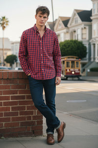 BUTTON DOWN SPORT SHIRT - NAVY/RED BUFFALO CHECK