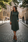 REPEAT MERINO LONG SLEEVE DRESS - DEEP GREEN