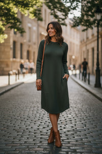 REPEAT MERINO LONG SLEEVE DRESS - DEEP GREEN