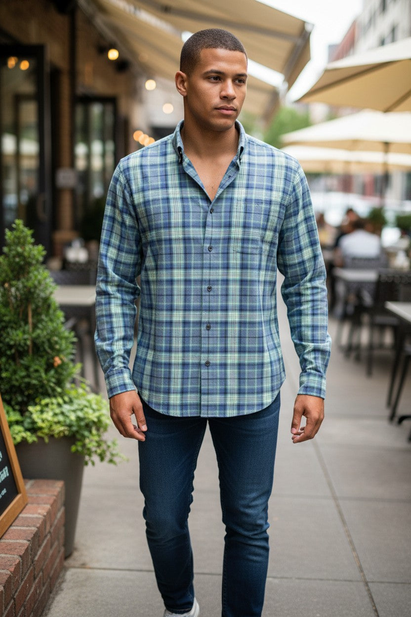 SCOTT BARBER LIGHTWEIGHT FLANNEL PLAID MEN’S SHIRT - BLUE