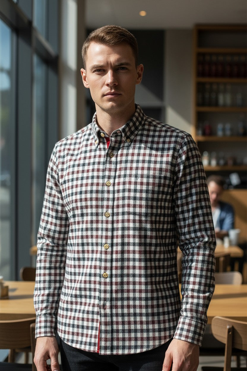 GMF 965 MEN'S SPORT SHIRT - GREY/BURGUNDY MID CHECK