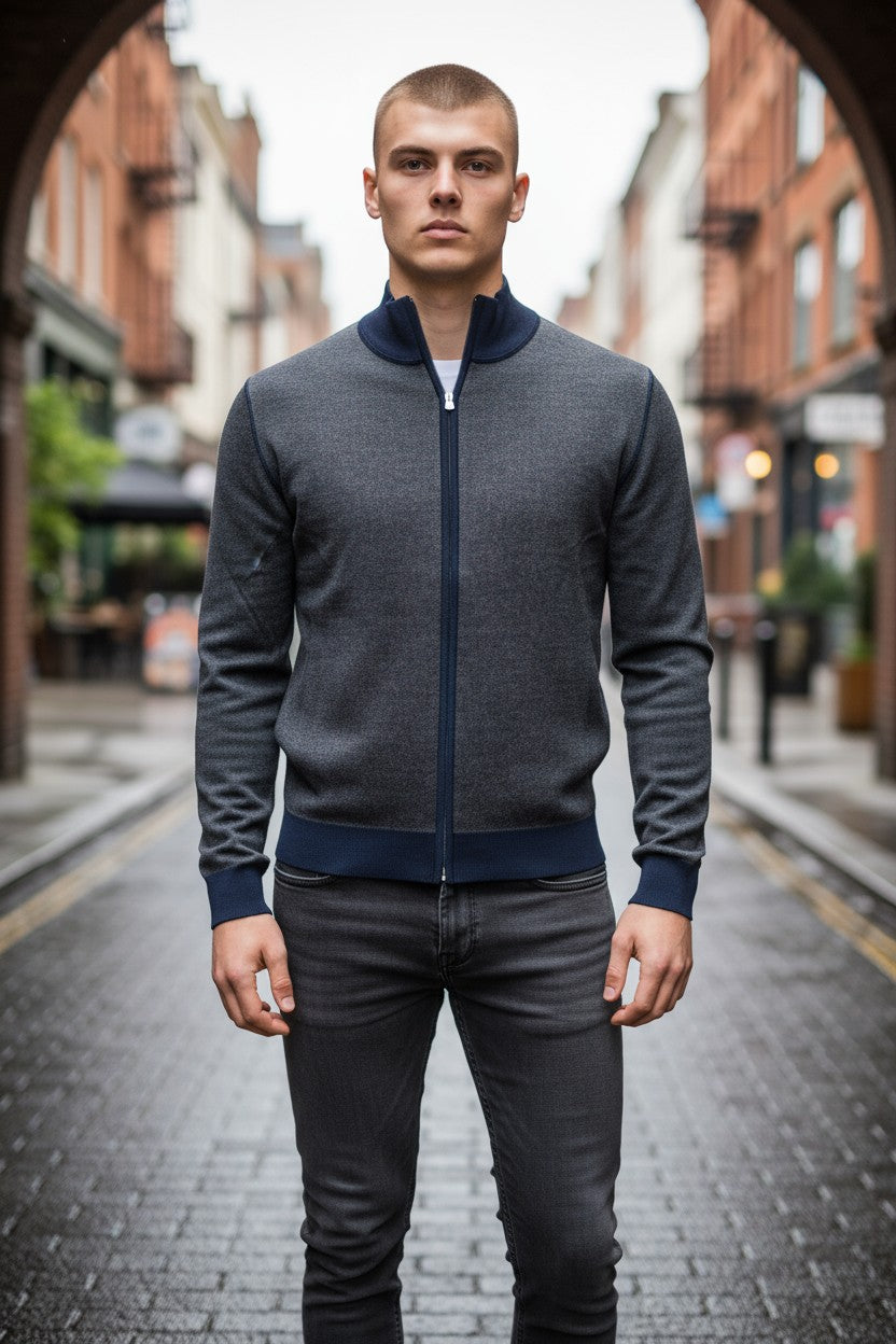 BUTTON DOWN BIRDSEYE FULL ZIP SWEATER - BROWN/NAVY